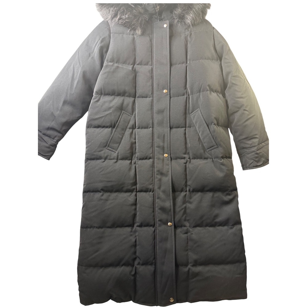 Anne Klein Petite L Long Down Puffer Coat Black Fox Fur Trim Hood Warm